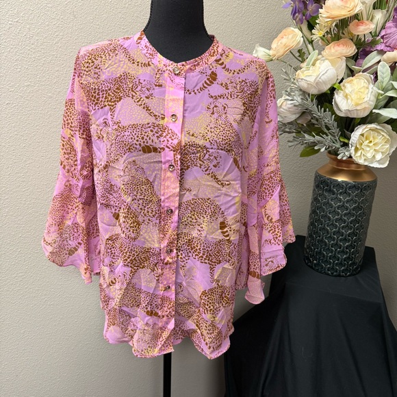 CAbi Tops - Cabi Pink Leopard Sheer Button Front Blouse L Lightweight Resort Spring